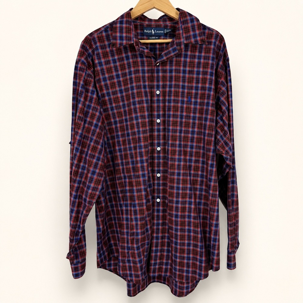 Ralph Lauren Mens XL 17.5 Button Down Shirt Red Plaid Classic Fit Pony Preppy